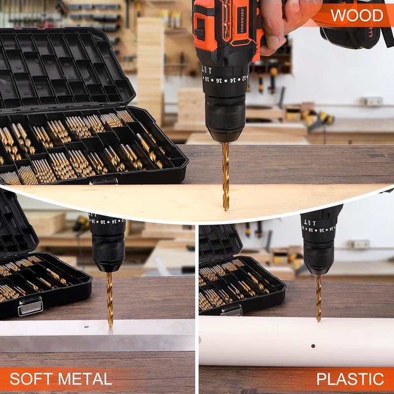 COMOWARE 100 Pcs Titanium Drill Bit Set - High Speed Steel for Steel, Wood, Plastic, Metal, Copper, Aluminum Alloy with Storage Case, 3/64"-3/8" - Image 5